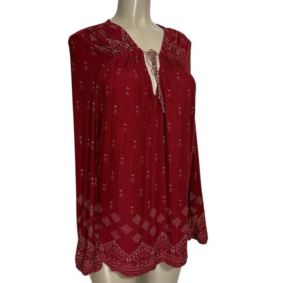 Lucky Brand Brick Red Top Women’s Large Long Sleeve Boho Blouse Tassel Popover - Picture 3 of 14